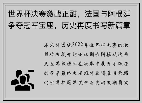 世界杯决赛激战正酣，法国与阿根廷争夺冠军宝座，历史再度书写新篇章